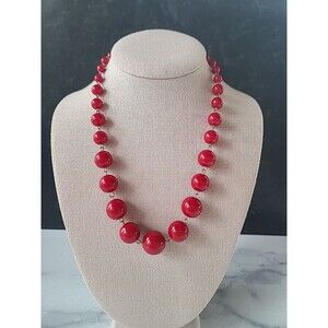 Red Plastic Silver Tone Metal Beaded Necklace Vintage Costume Jewelry